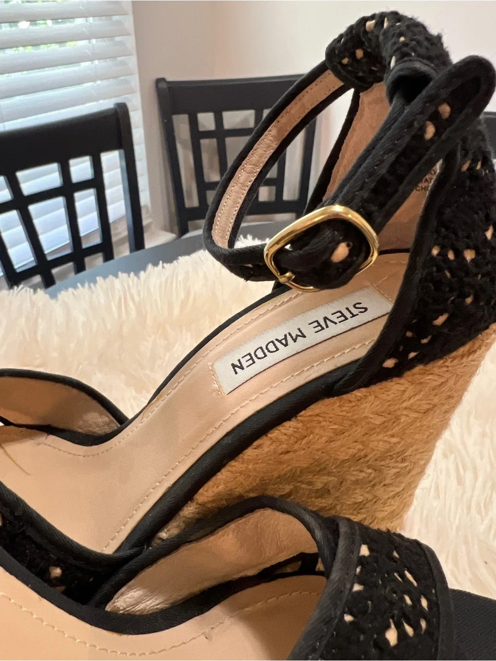 Steve Madden Black Lace Espadrille Wedge Sandals with Jute Platform